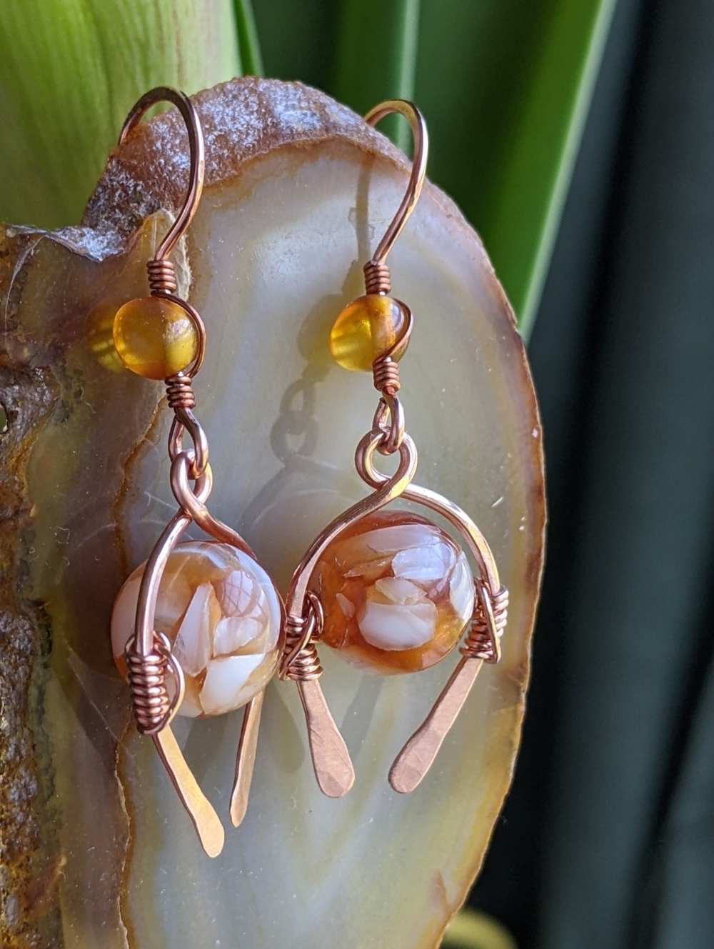 Southwestern Amber Earrings Genuine Copper Artisan Crafted Jewelry - Picture 2 of 11